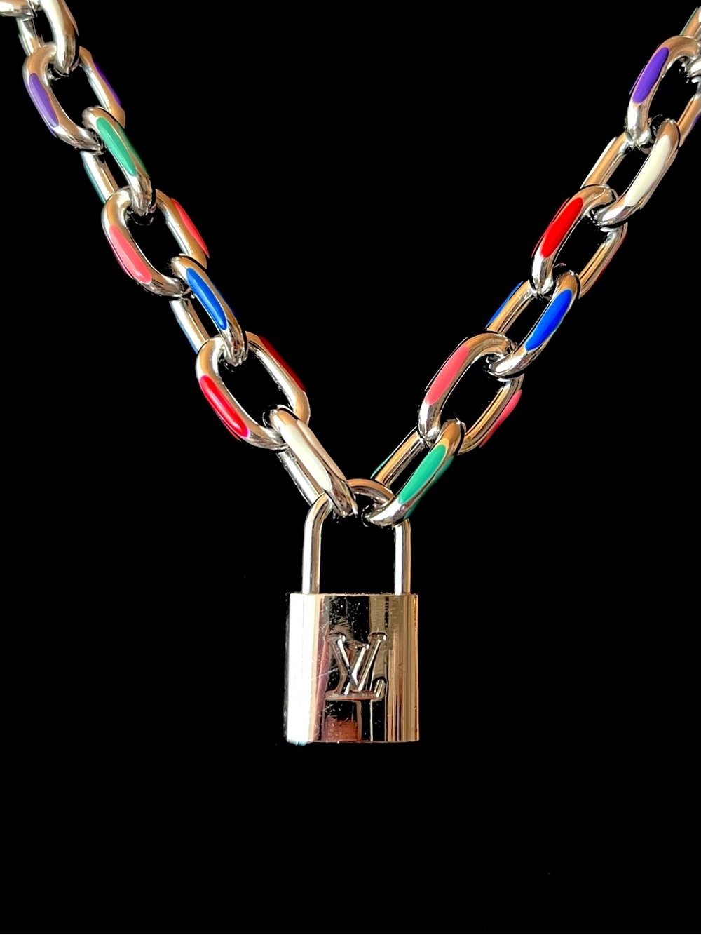 Louis Vuitton silver #318 lock generic brand chain Necklace up cycled repurposed